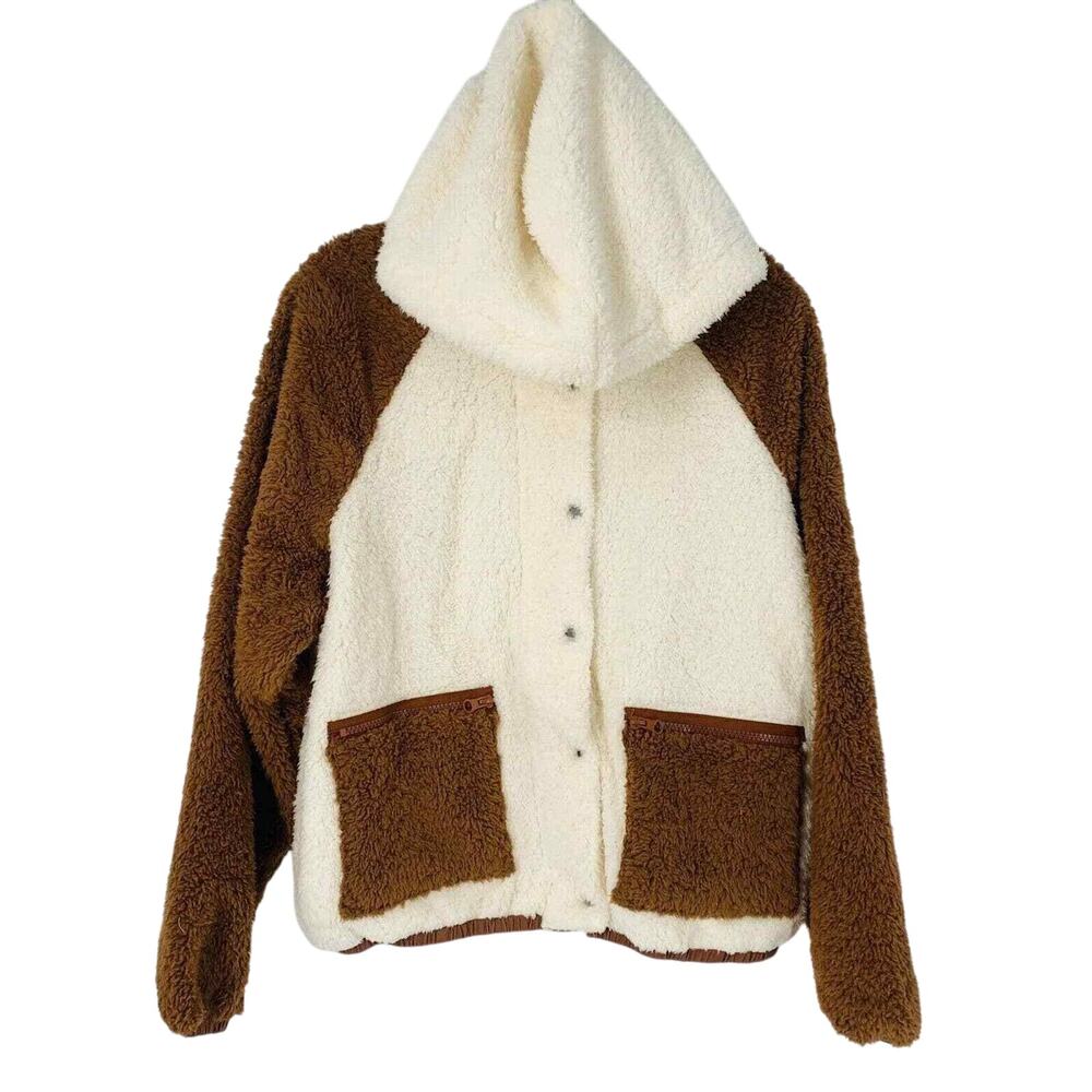 Revolve Plush Teddy Sherpa Hoodie Jacket S - XL Colorblock Modern Gorp Cabincore